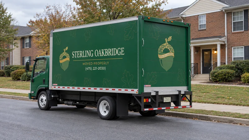 Moving truck at a Waldorf, MD long distance pickup setting A complete green Sterling Oakbridge box truck stands beside the curb in a rear three-quarter view, with a separate sidewalk and steps leading to brick townhouses.