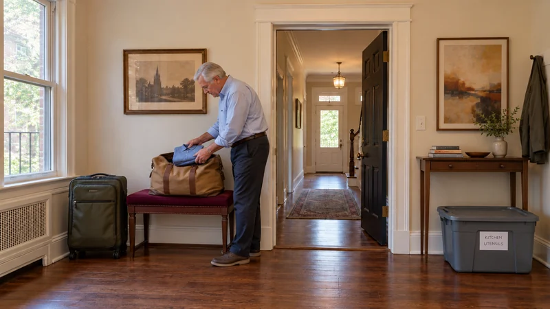 Personal travel packing for a Waldorf, MD long distance move An older resident places a folded blue shirt into a tan duffel on a burgundy bench, with an olive suitcase and a closed Kitchen Utensils tote kept apart beside a clear hallway.