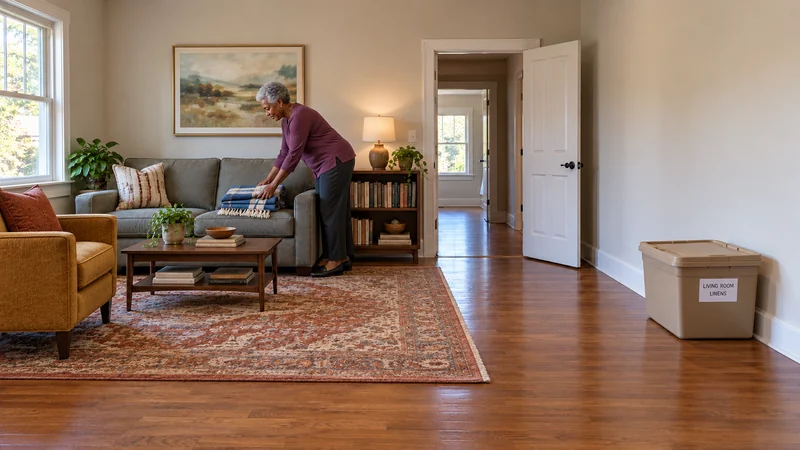 Living-room readiness after a Waldorf, MD long distance move A resident places a folded blue-and-cream throw on a gray sofa in a furnished living room, while a closed Living Room Linens tote remains beside the clear hallway.