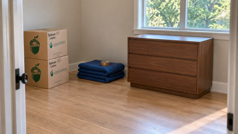 Dresser receiving after a Yonkers long distance move An uncovered three-drawer wooden dresser stands beside two Bedroom Linens cartons and folded blue moving quilts under a bright window.