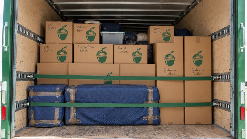 Secured household load for a Yonkers long distance move Two green restraints cross supported cartons, blue-quilt-protected furniture and a gray tote inside the moving truck.