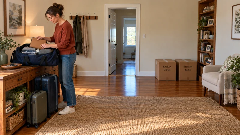 Keeping personal travel luggage separate in York A resident places a closed pouch into a navy holdall on a wooden console, with two rolling cases beside her and sealed shipment cartons across the room.
