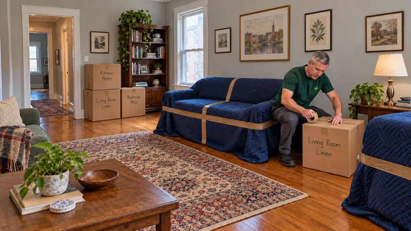 Sealing identified cartons beside protected furniture in York A grey-haired mover seals a Linen carton beside a quilt-protected sofa, other labelled cartons, bookshelves and a clear doorway.