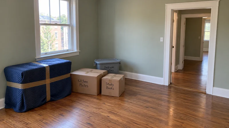 Identifying the selected pickup group in a York apartment A quilt-protected low furniture piece, two labelled kraft cartons and a closed grey tote stand beside a clear apartment doorway.