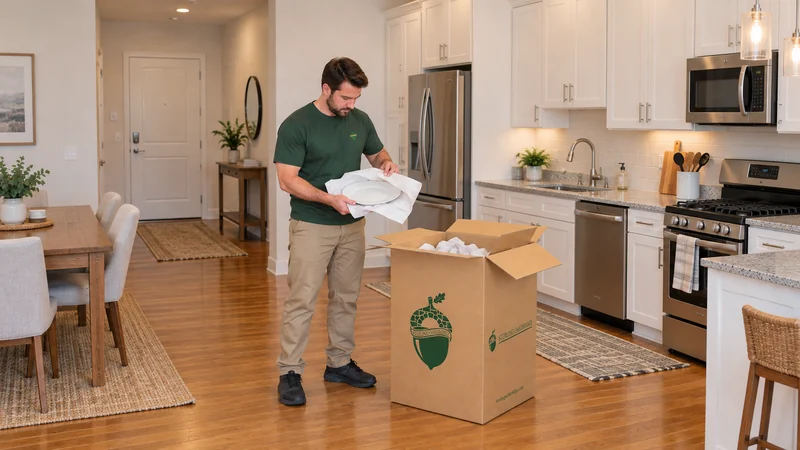 Employee wraps a supported plate beside an open tall China carton in a representative Arlington home. Employee wraps a supported plate beside an open tall China carton in a representative Arlington home.