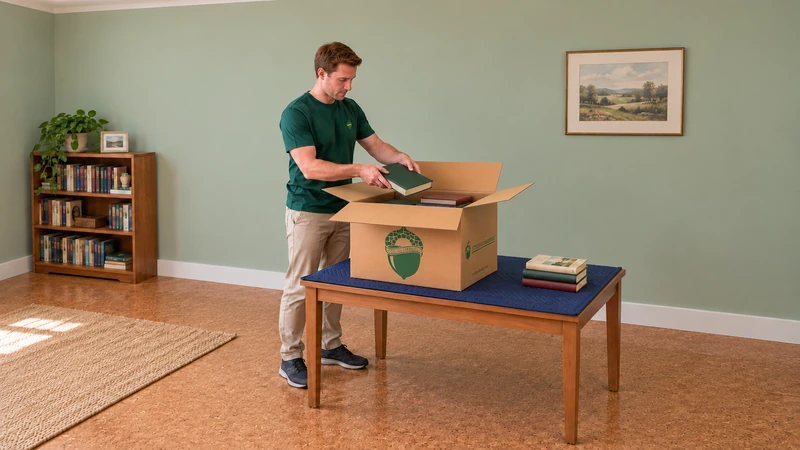 Worker lowers a closed book into a small Book carton on an existing padded table Worker lowers a closed book into a small Book carton on an existing padded table
