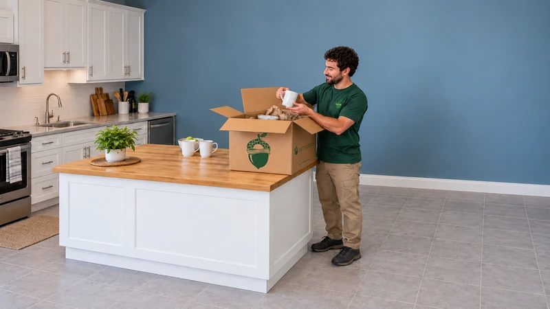 Worker lifts a handled mug from a medium carton onto an available kitchen surface Worker lifts a handled mug from a medium carton onto an available kitchen surface