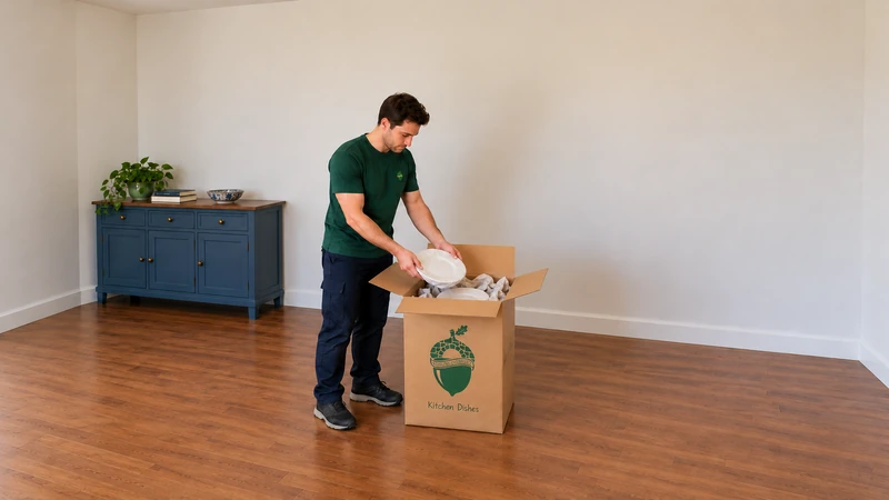 Worker protects a plate over a cushioned China carton on a dining-room floor Worker protects a plate over a cushioned China carton on a dining-room floor