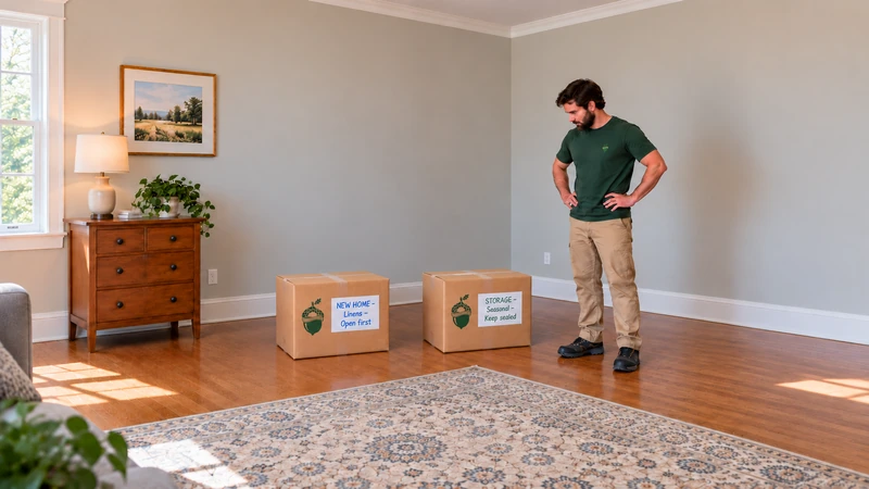 Written new-home and storage labels distinguish two sealed carton groups Written new-home and storage labels distinguish two sealed carton groups