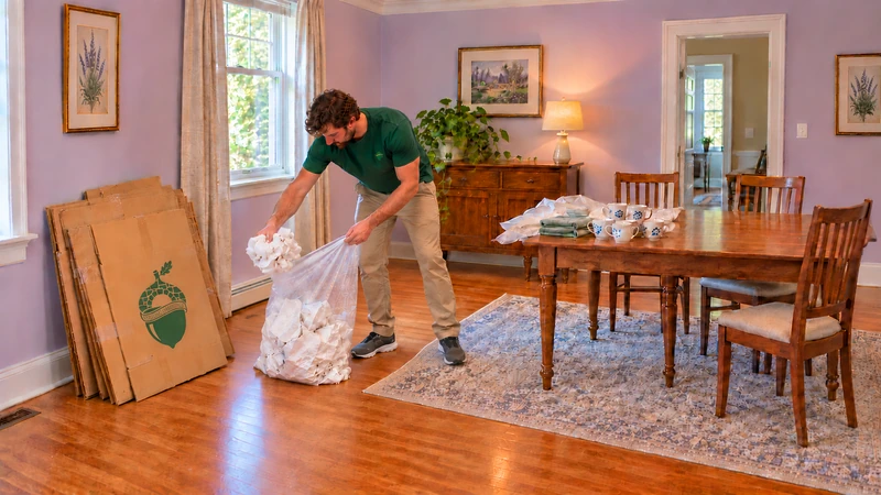 Worker gathers used paper into an open clear sack beside empty flattened cartons and retained belongings Worker gathers used paper into an open clear sack beside empty flattened cartons and retained belongings