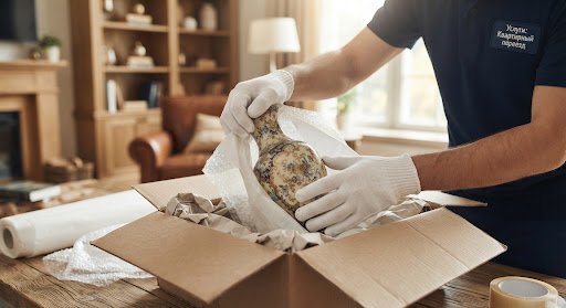 Hands in white gloves wrapping a delicate piece in premium packing material