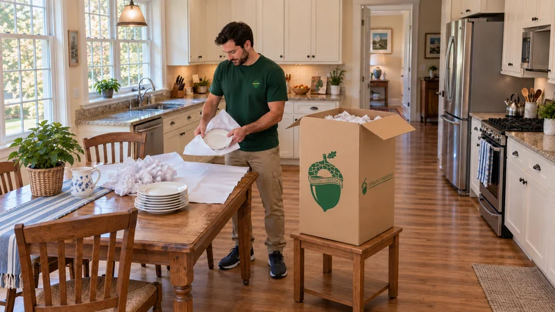 Kitchen packing before a Watertown household move A mover wraps a dinner plate at a protected table beside an open China carton