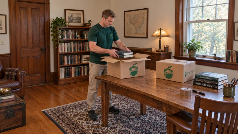 Small Book cartons for a home library A mover packs a short stack of books into a small open Book carton beside a study table