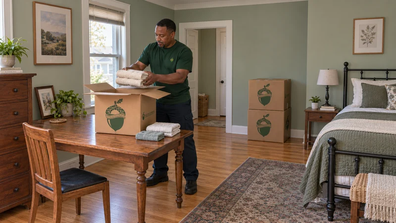 Priority linen unpacking in a new apartment A mover takes folded towels from a medium carton and places them on a clear bedroom table