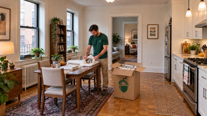 Individual fragile-picture packing in New York City Employee wraps a small glazed photograph on a padded dining table beside a normal open China carton