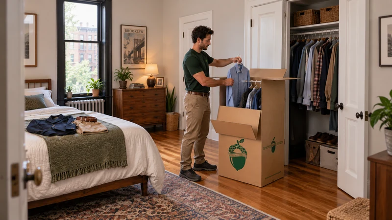 Earlier hanging-clothes preparation in New York City Employee transfers a shirt onto a supported wardrobe rail while final-night clothing remains on the bed