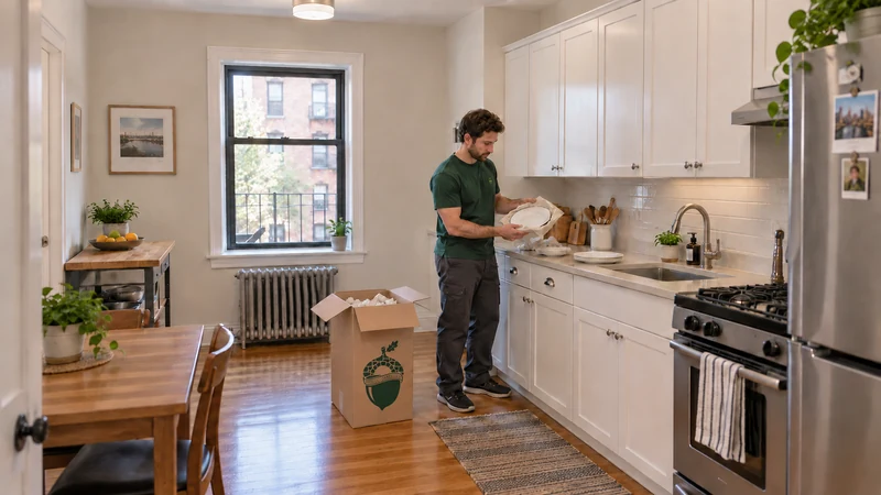 Kitchen basic unpacking in New York City Employee unwraps a plate onto an existing kitchen counter beside a partly opened China carton