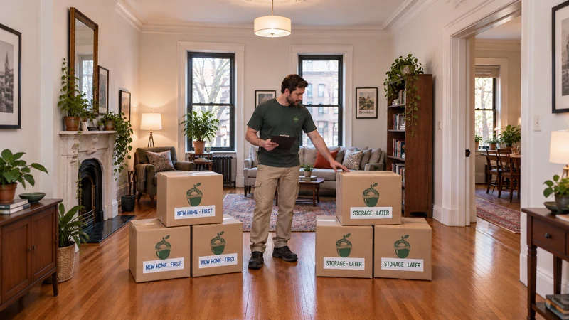 Separate home and storage cartons in New York City Employee checks two separated sealed carton groups with coherent home-first and storage-later labels