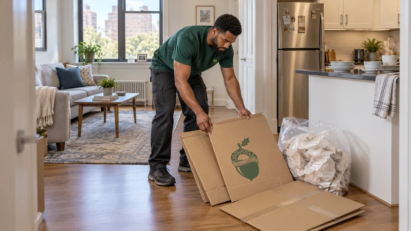 Indoor gathering of empty packaging in New York City Employee gathers empty collapsed cardboard beside separate used wrapping paper and an accessible apartment floor route