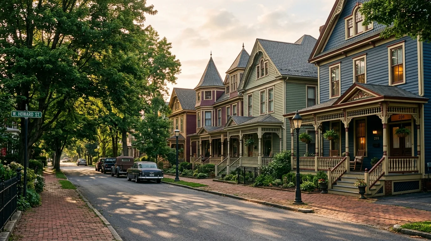 Tree-lined street in Bellefonte with Victorian houses and brick sidewalks in soft morning light Tree-lined street in Bellefonte with Victorian houses and brick sidewalks in soft morning light.