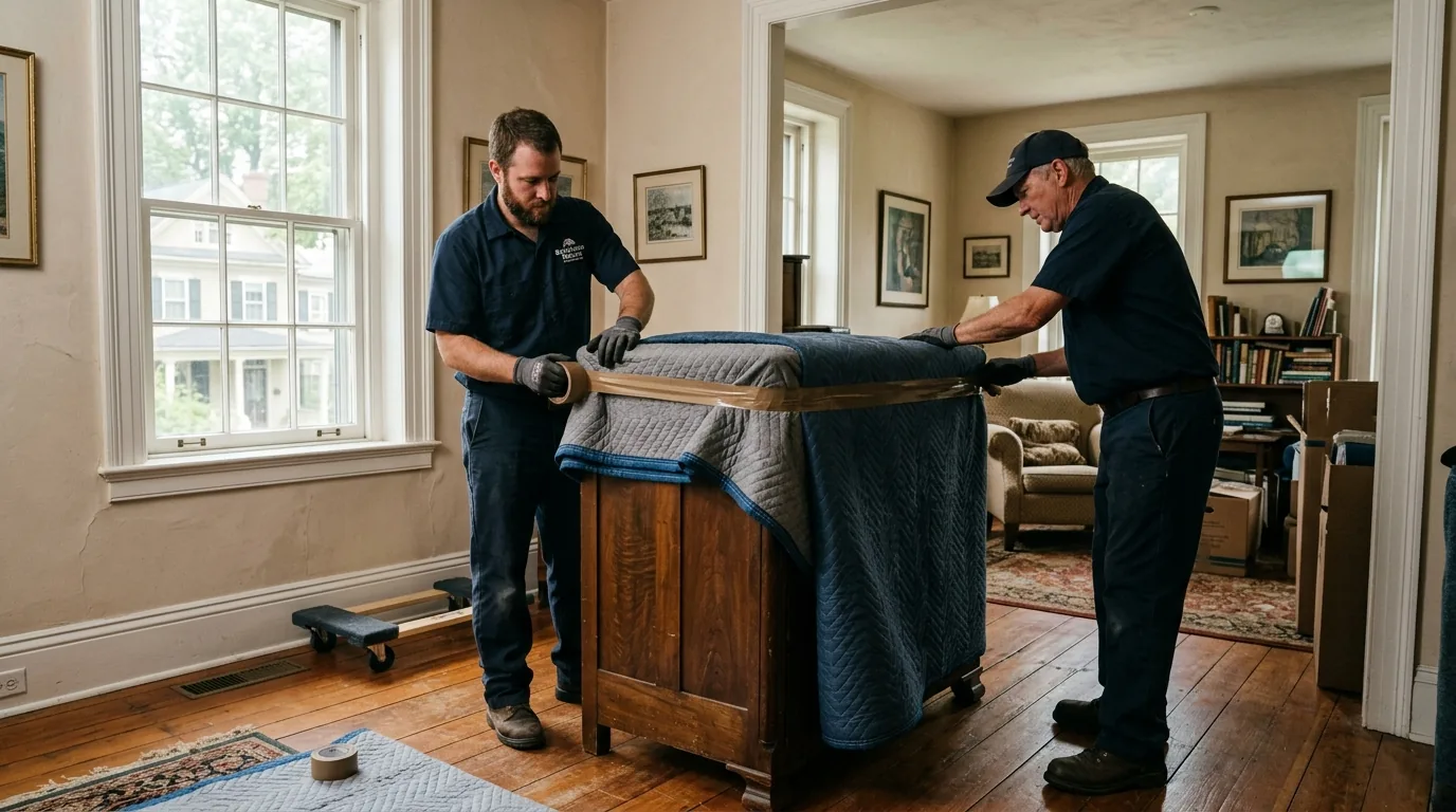 Movers wrapping a wooden dresser with blankets and tape in a Bellefonte home with hardwood floors Movers wrapping a wooden dresser with blankets and tape in a Bellefonte home with hardwood floors.