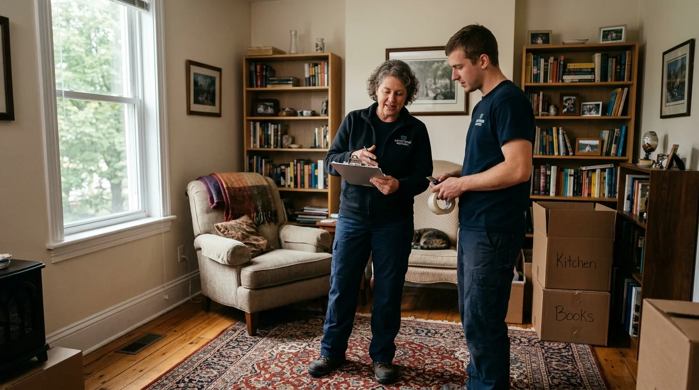 Crew lead with clipboard planning a move in a lived-in Bellefonte rowhouse living room Crew lead with clipboard planning a move in a lived-in Bellefonte rowhouse living room.