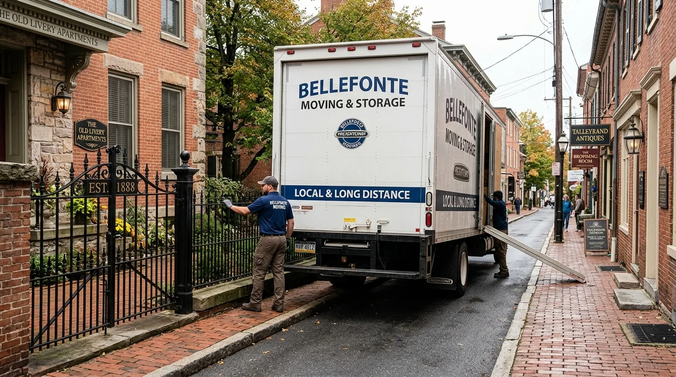 Moving truck parked on a narrow brick street in downtown Bellefonte with historic buildings nearby Moving truck parked on a narrow brick street in downtown Bellefonte with historic buildings nearby.