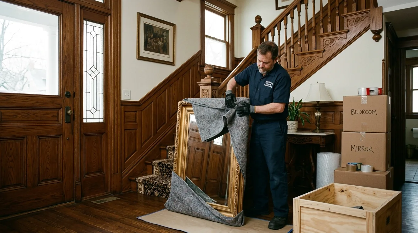 Mover blanket-wrapping a large framed mirror in a Bellefonte home’s entryway with wood trim.