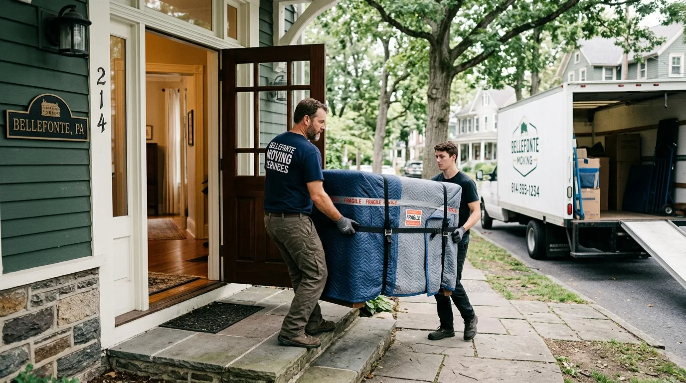 Movers carrying a wrapped furniture piece through a Bellefonte doorway toward a moving truck.