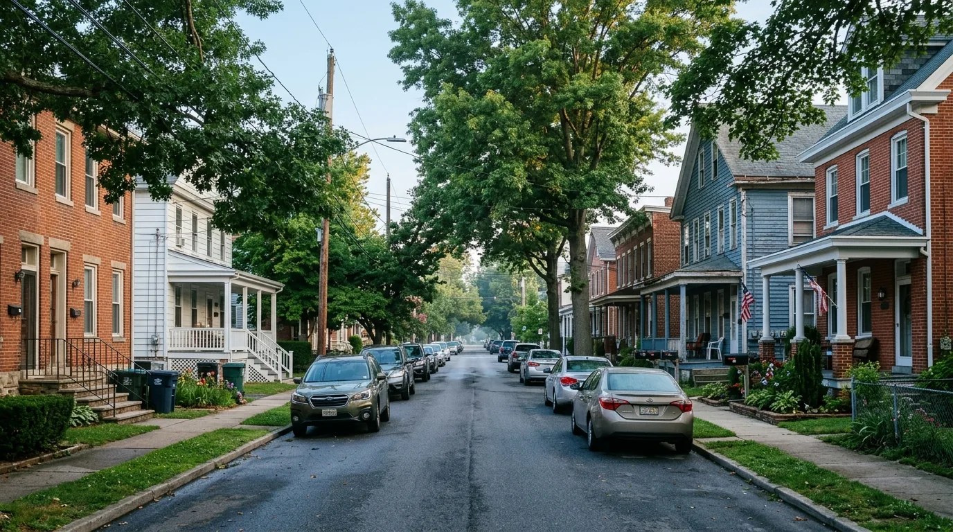 Narrow Bridgeton street with brick colonials and multi-family homes, cars parked along curb.