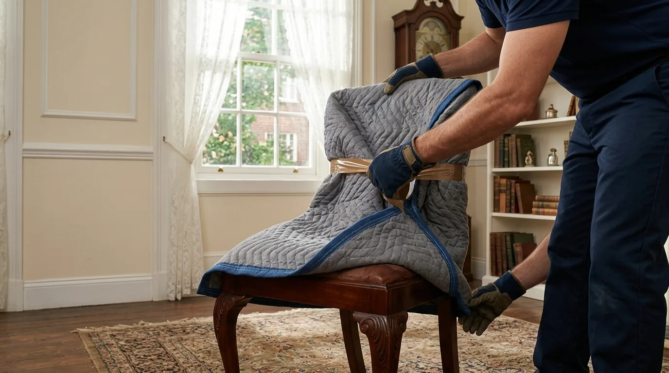 Movers wrapping a wooden chair with blankets and tape in a Bridgeton home Movers wrapping a wooden chair with blankets and tape in a Bridgeton home.