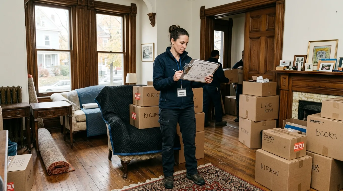 Mover with clipboard planning a move in a Bridgeton parlor with boxes and furniture.