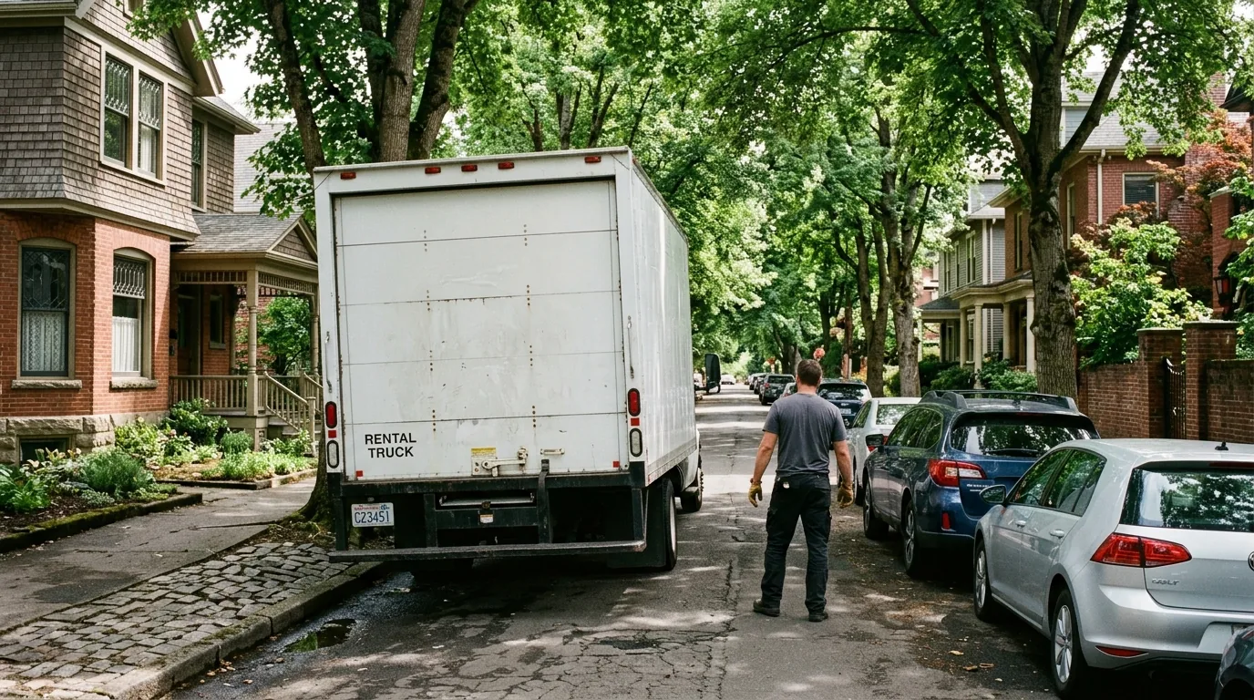 Moving truck parked on a narrow Bridgeton street near historic homes, mover by curb Moving truck parked on a narrow Bridgeton street near historic homes, mover by curb.