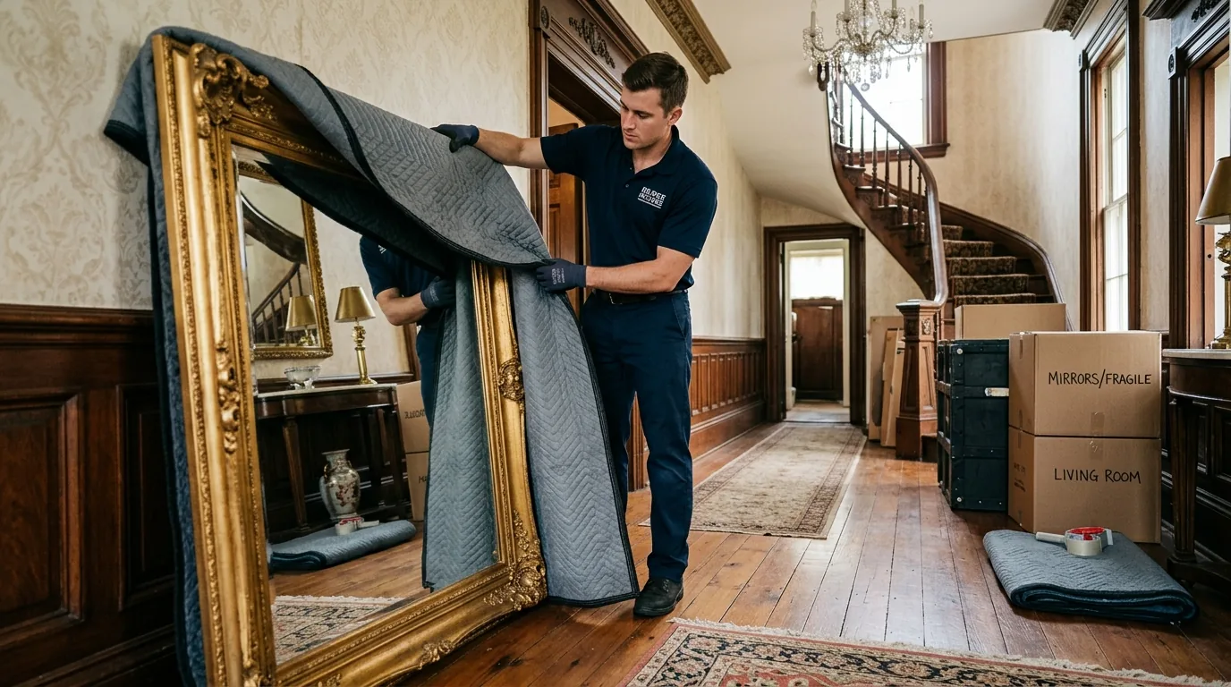 Mover wrapping a large mirror with blankets in a Bridgeton home entryway Mover wrapping a large mirror with blankets in a Bridgeton home entryway.