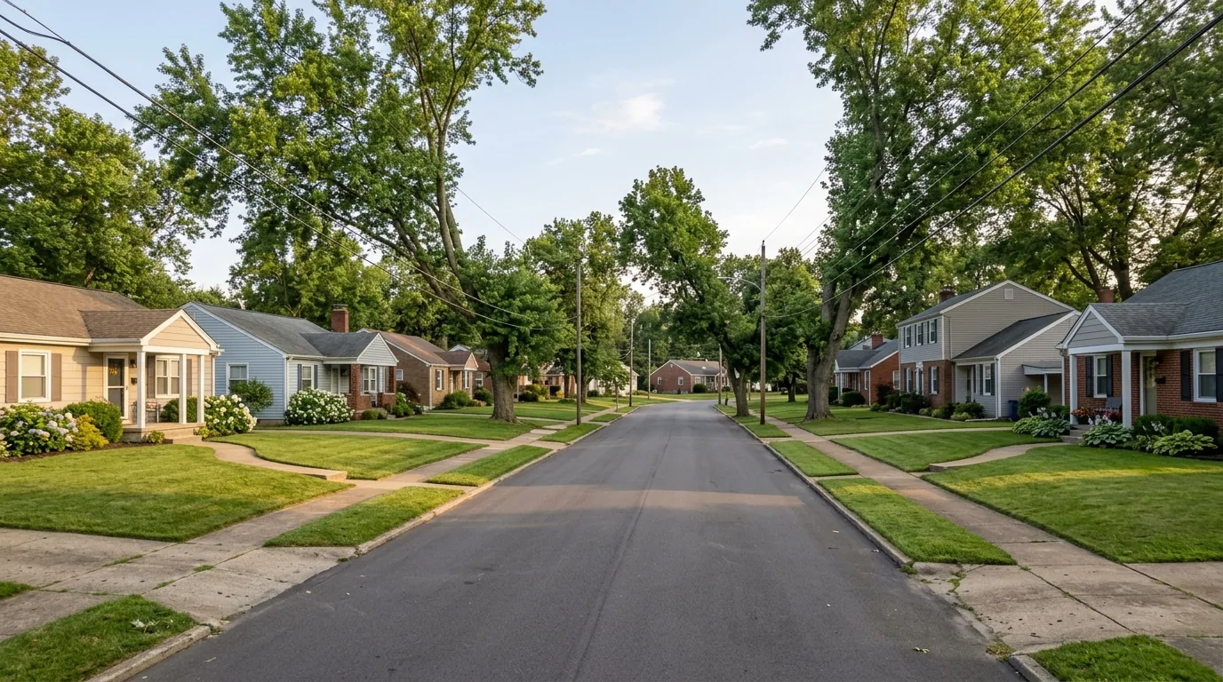 Suburban Bridgeton street with single-family homes and wide lawns in afternoon light Suburban Bridgeton street with single-family homes and wide lawns in afternoon light.