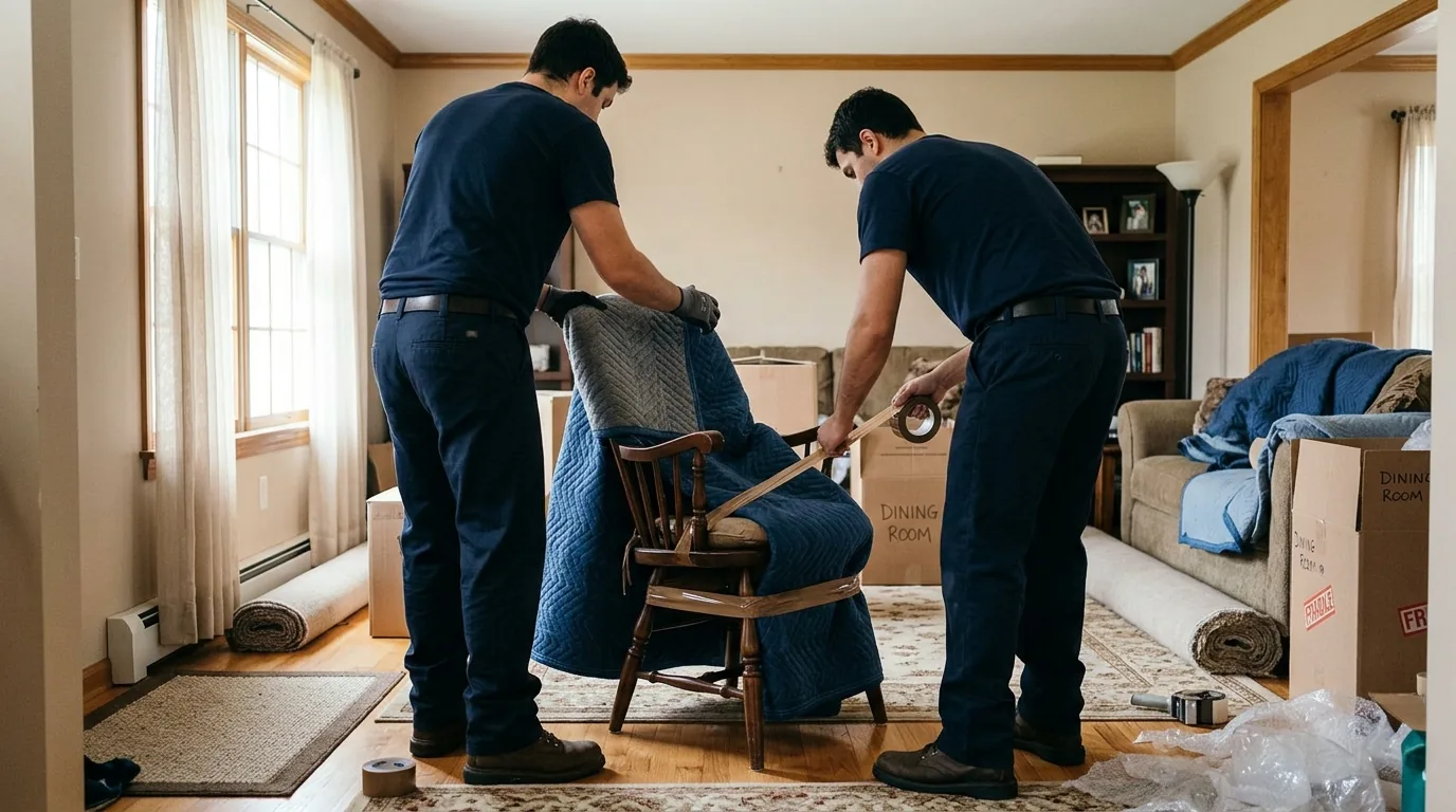 Movers wrapping a wooden chair with blankets and tape in a Browns Mills living room Movers wrapping a wooden chair with blankets and tape in a Browns Mills living room.