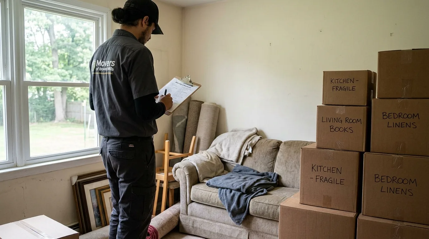 Mover with clipboard planning a move in a Browns Mills living room with boxes and furniture Mover with clipboard planning a move in a Browns Mills living room with boxes and furniture.
