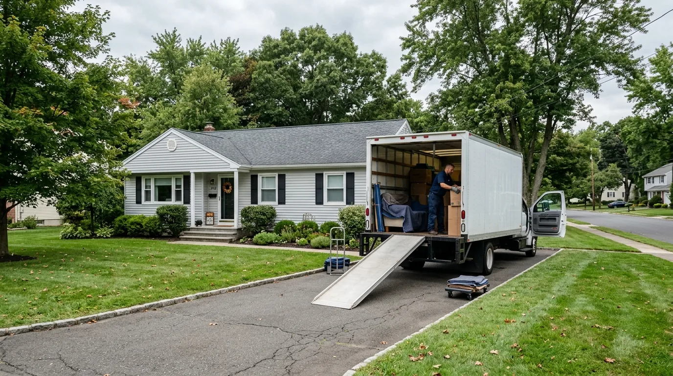 Moving truck in driveway of a Browns Mills ranch home with trees and lawn Moving truck in driveway of a Browns Mills ranch home with trees and lawn.