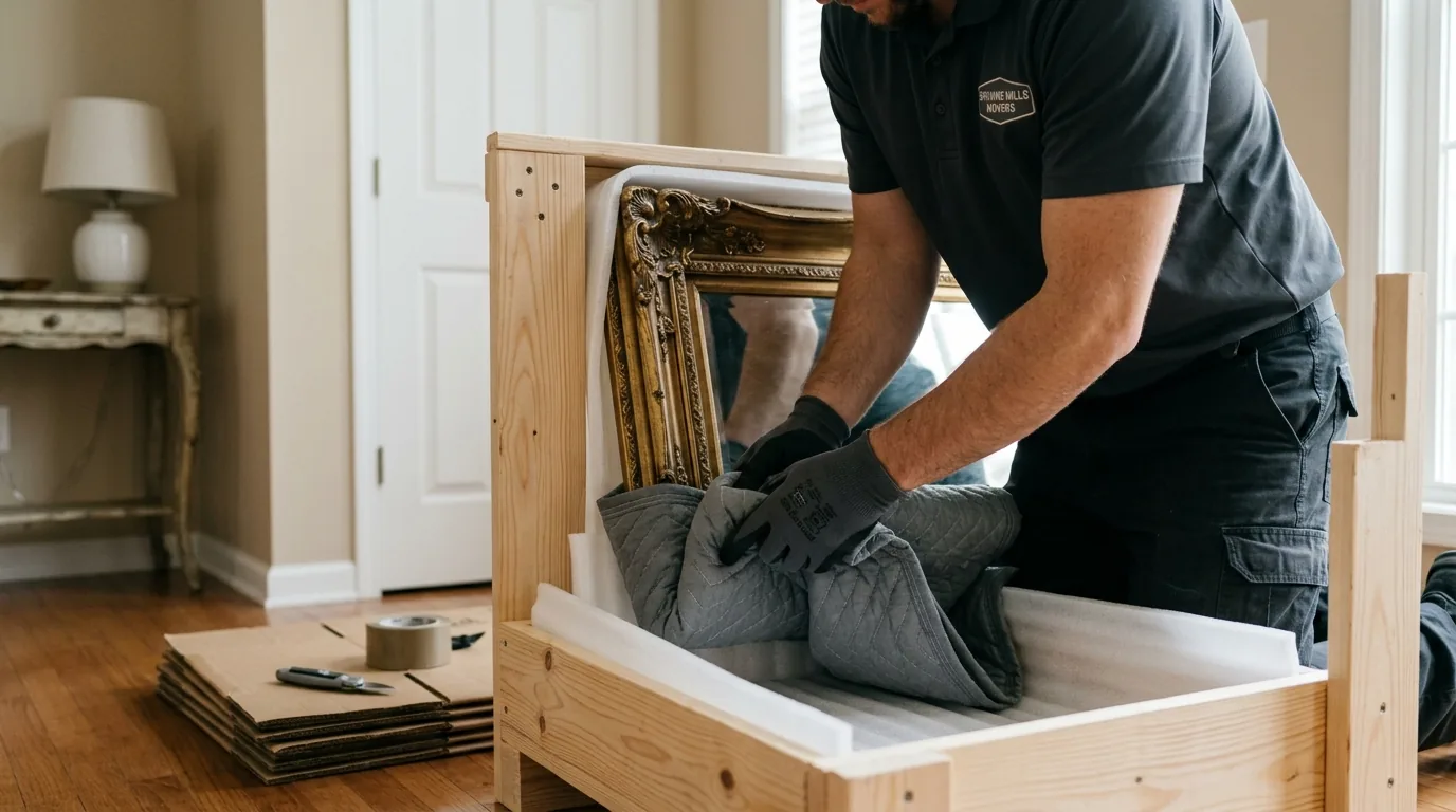 Mover crating a large mirror with foam and blankets inside a Browns Mills home.