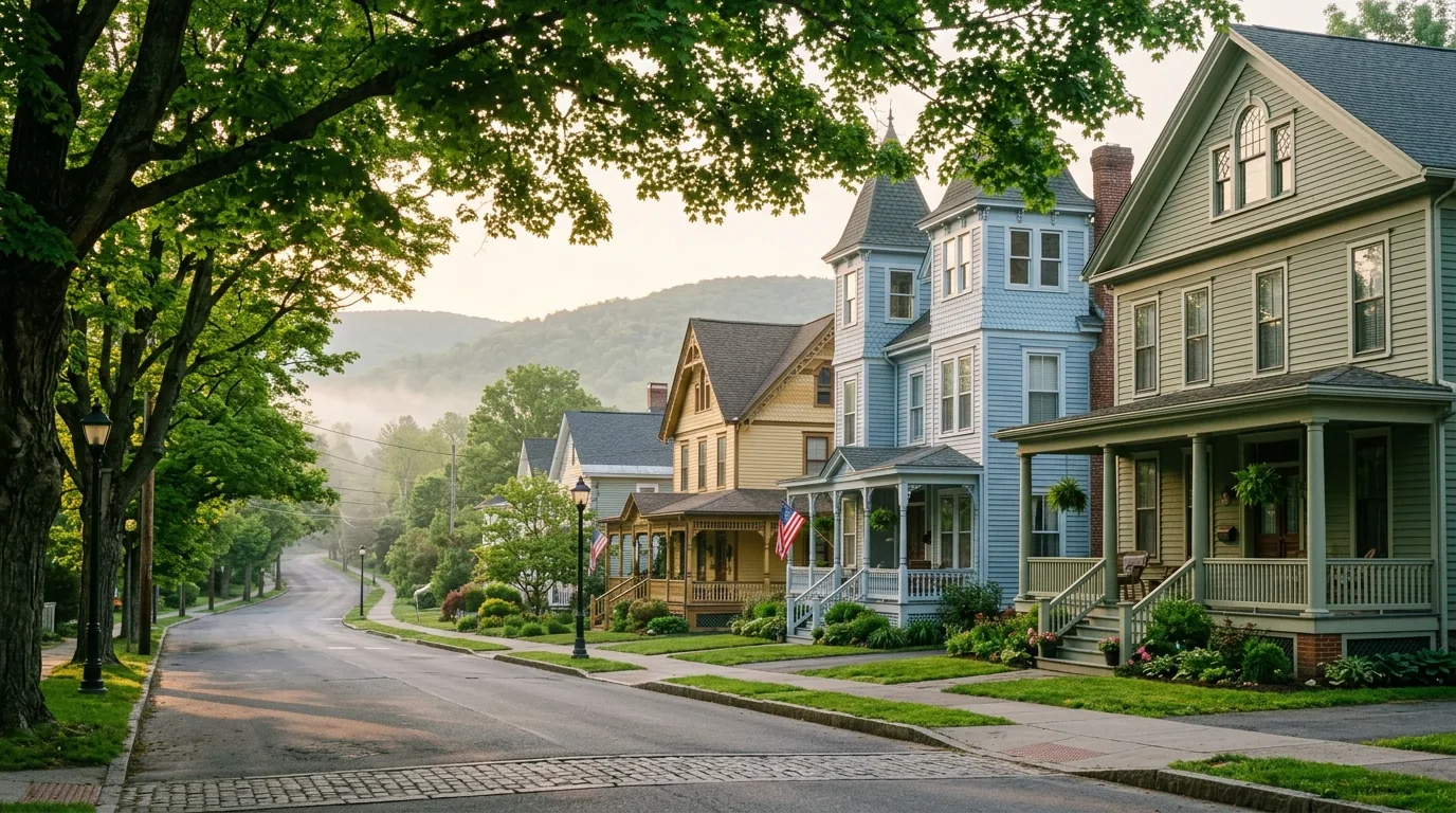 Tree-lined street in Catskill, NY with historic Victorian and Colonial Revival homes in soft morning light Tree-lined street in Catskill, NY with historic Victorian and Colonial Revival homes in soft morning light.
