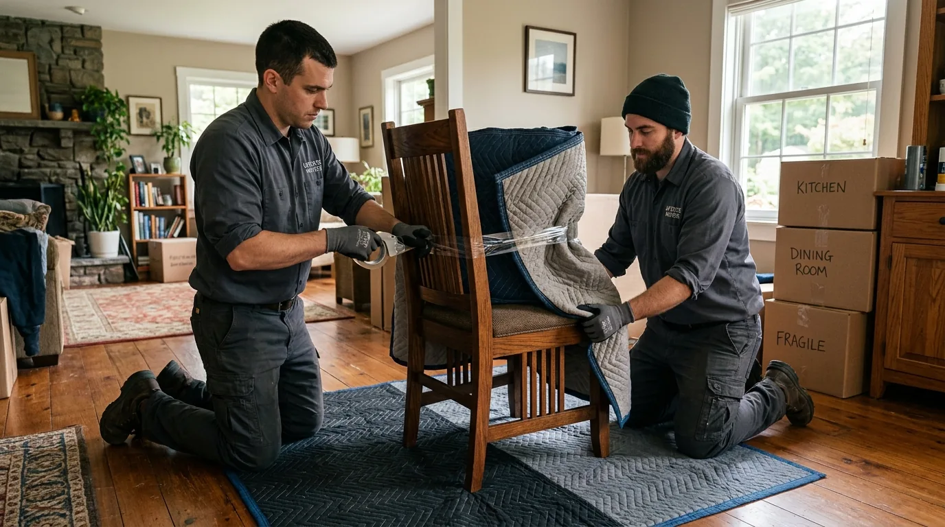 Movers wrapping a wooden chair with blankets and tape in a Catskill home with boxes nearby Movers wrapping a wooden chair with blankets and tape in a Catskill home with boxes nearby.