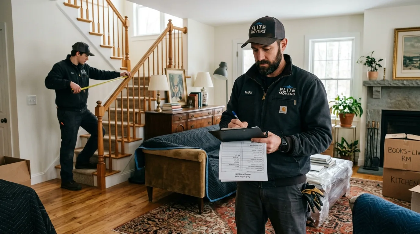 Crew lead with clipboard and mover measuring stairs in a furnished Catskill living room Crew lead with clipboard and mover measuring stairs in a furnished Catskill living room.