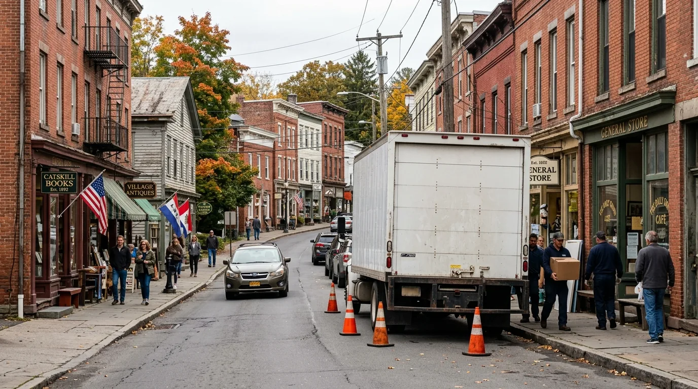 Moving truck parked on a narrow Catskill village street with cones marking space Moving truck parked on a narrow Catskill village street with cones marking space.