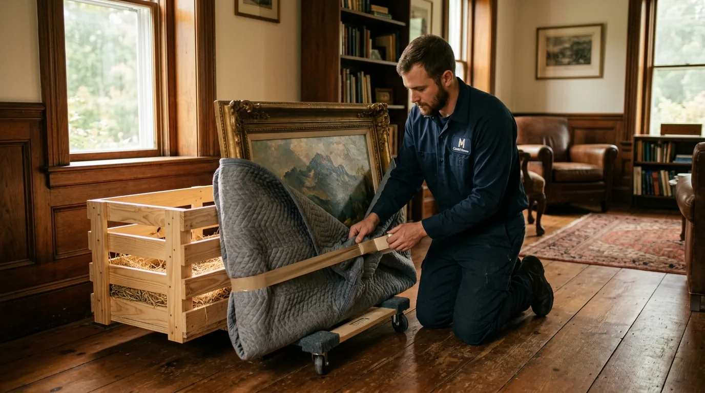 Mover blanket-wrapping a large framed painting and placing it in a crate in a Catskill parlor.