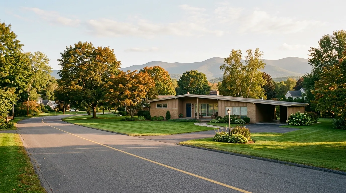 Mid-century ranch house with wide lawn and Catskill Mountains in the distance on a quiet street Mid-century ranch house with wide lawn and Catskill Mountains in the distance on a quiet street.