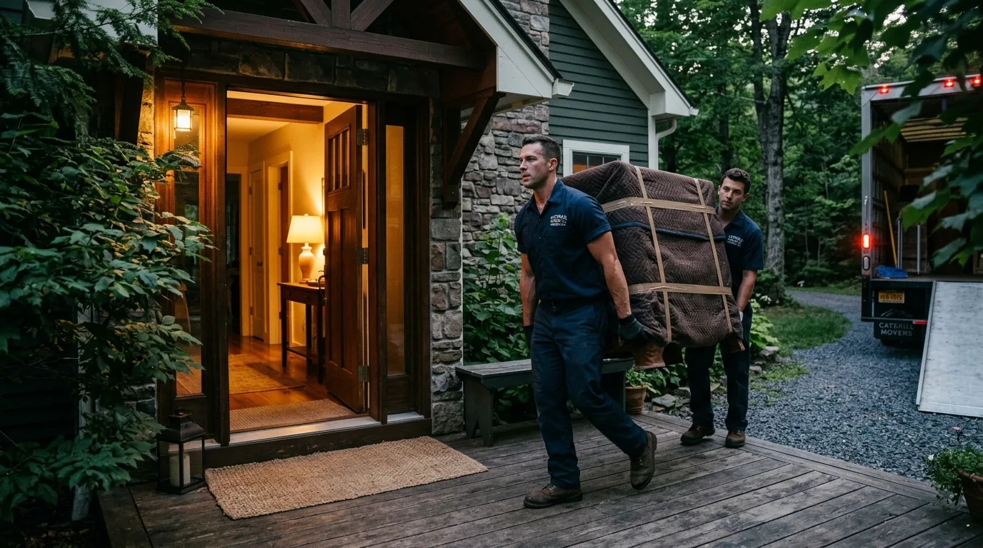 Movers carrying a wrapped dresser out the front door of a Catskill home toward a moving truck Movers carrying a wrapped dresser out the front door of a Catskill home toward a moving truck.