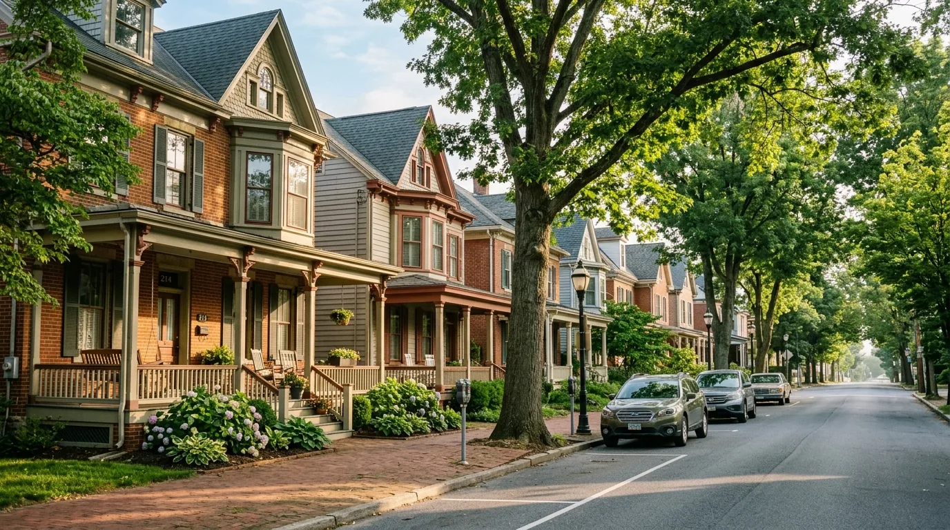 Historic brick homes and mature trees along a quiet street in downtown Chambersburg.