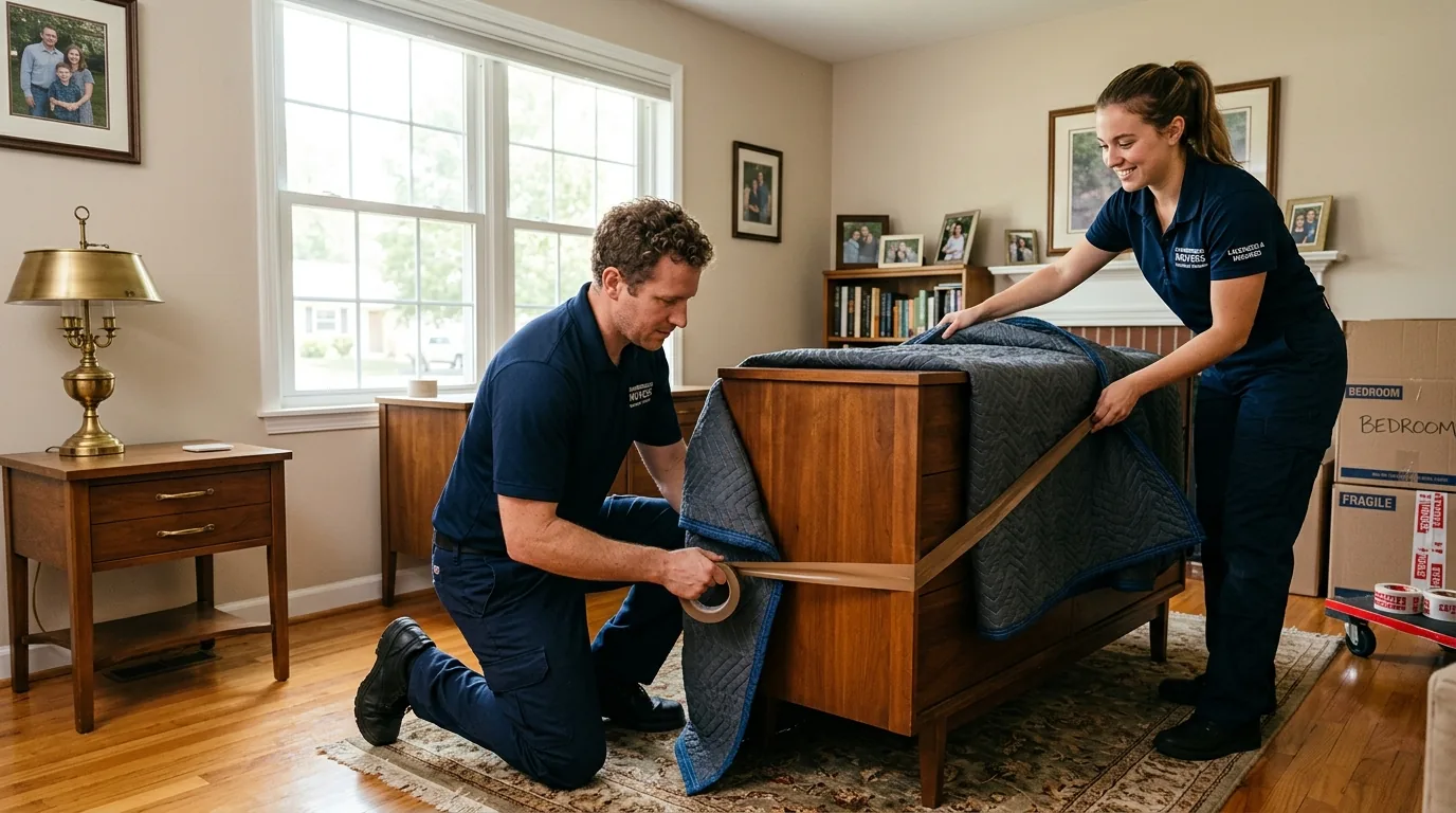 Movers wrapping a wooden dresser with blankets and tape in a Chambersburg home Movers wrapping a wooden dresser with blankets and tape in a Chambersburg home.