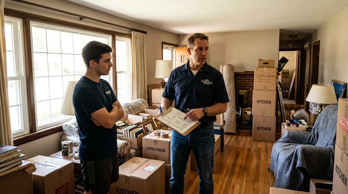 Crew lead with clipboard planning a move in a Chambersburg ranch-style living room Crew lead with clipboard planning a move in a Chambersburg ranch-style living room.
