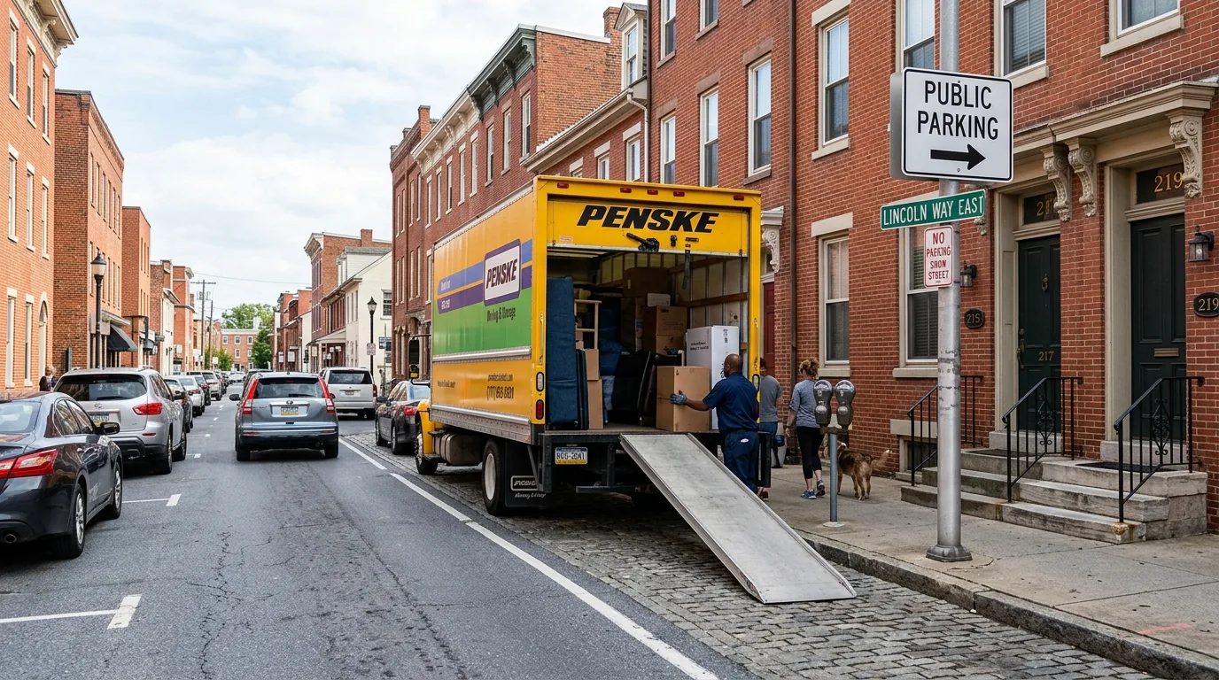 Moving truck parked on a narrow metered street near brick rowhouses in Chambersburg.